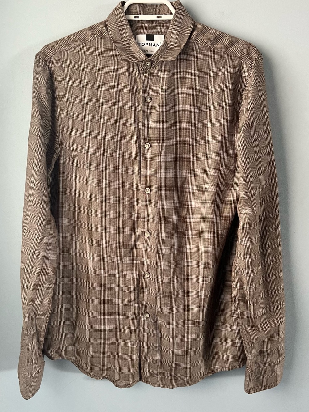 Topman Tan Brown Plaid Long-Sleeve Button-Up Lightweight Dress Shirt Size S